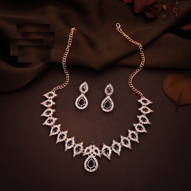 Tehzeeb Creations Shimmering Rose Gold Polished Ad Studded Necklace Jewellery Set With Matching Earrings For Women And Girls | Grocsy