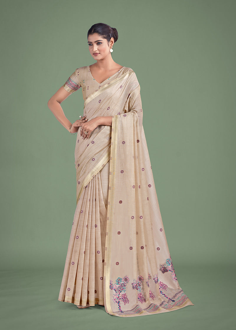 Monjolika Fashion Imaginative Beige & Pink Woven Butti Pattern Cotton Silk Saree | Grocsy