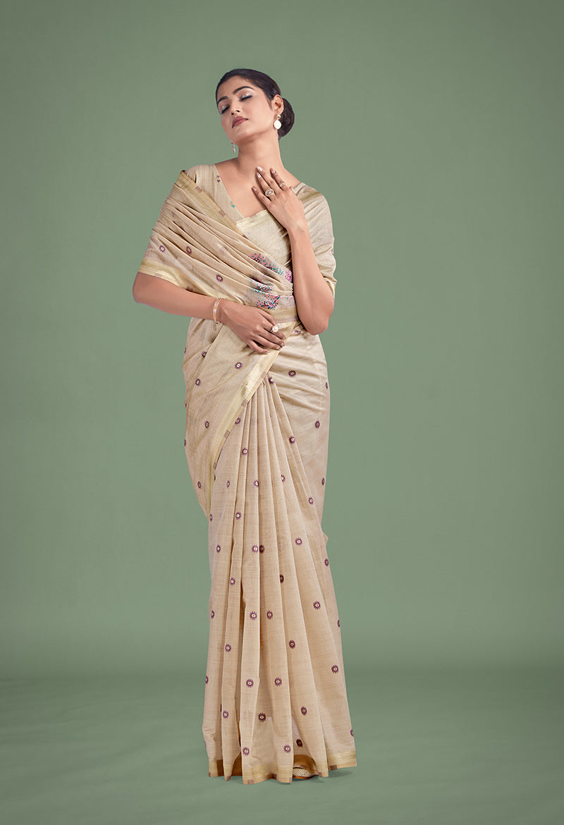 Monjolika Fashion Imaginative Beige & Pink Woven Butti Pattern Cotton Silk Saree | Grocsy