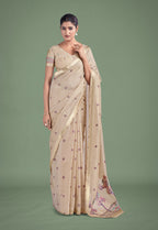 Monjolika Fashion Imaginative Beige & Pink Woven Butti Pattern Cotton Silk Saree | Grocsy