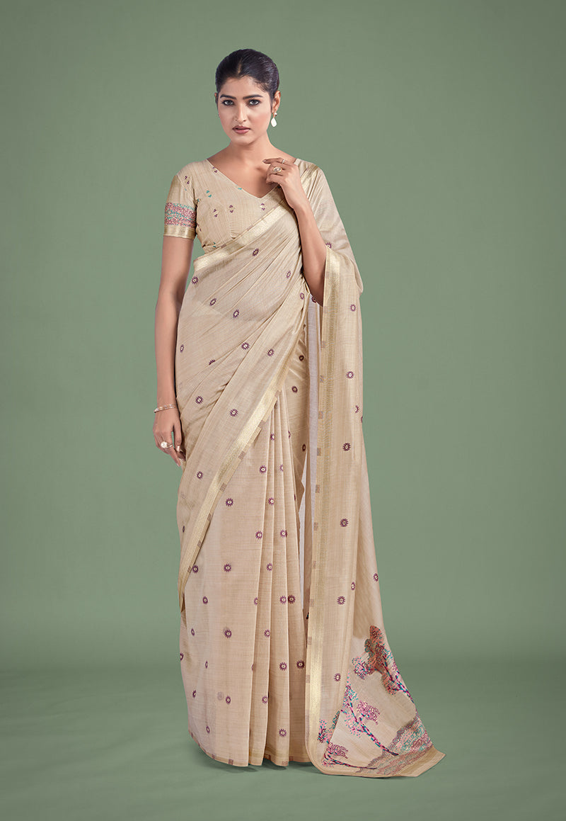 Monjolika Fashion Imaginative Beige & Pink Woven Butti Pattern Cotton Silk Saree | Grocsy