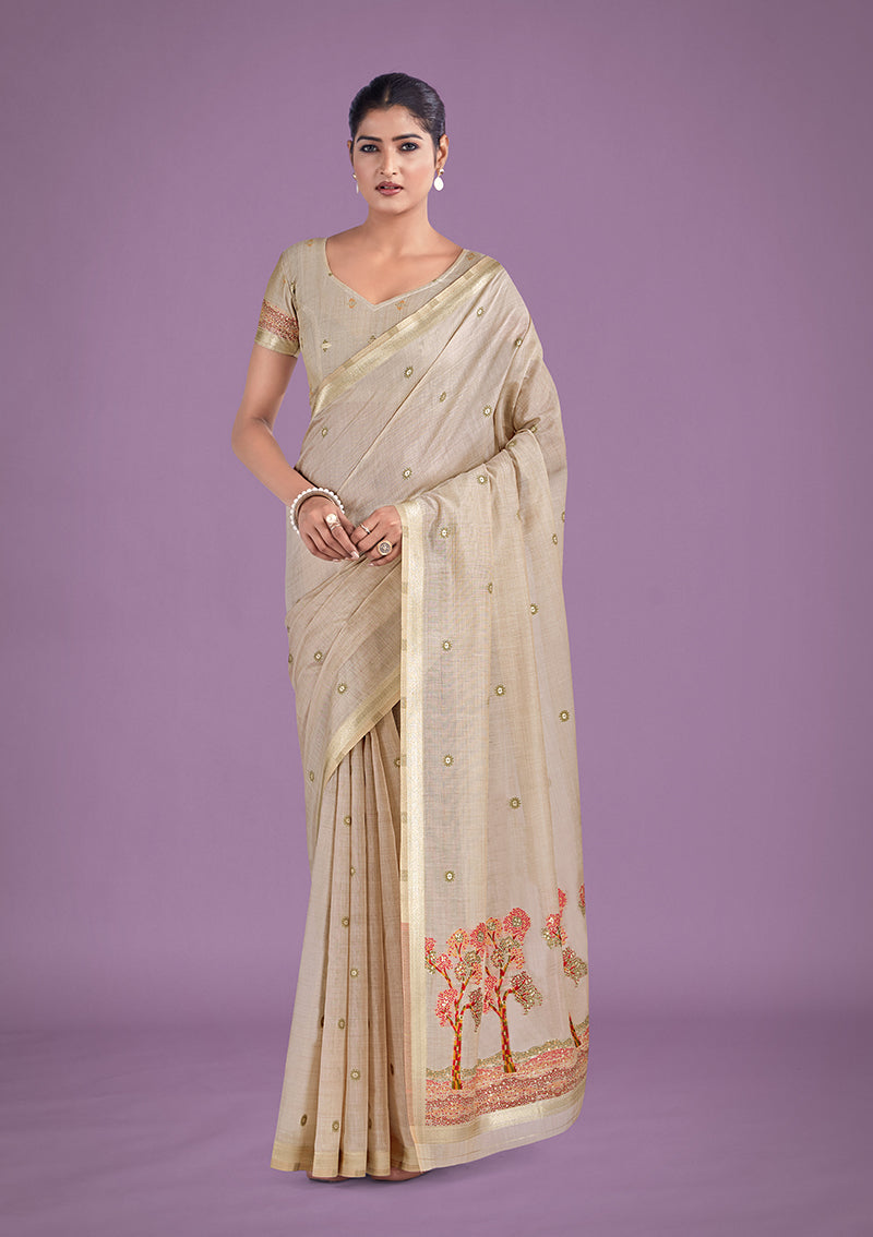 Monjolika Fashion Imaginative Beige & Red Woven Butti Pattern Cotton Silk Saree | Grocsy