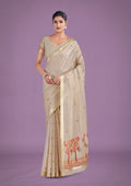 Monjolika Fashion Imaginative Beige & Red Woven Butti Pattern Cotton Silk Saree | Grocsy