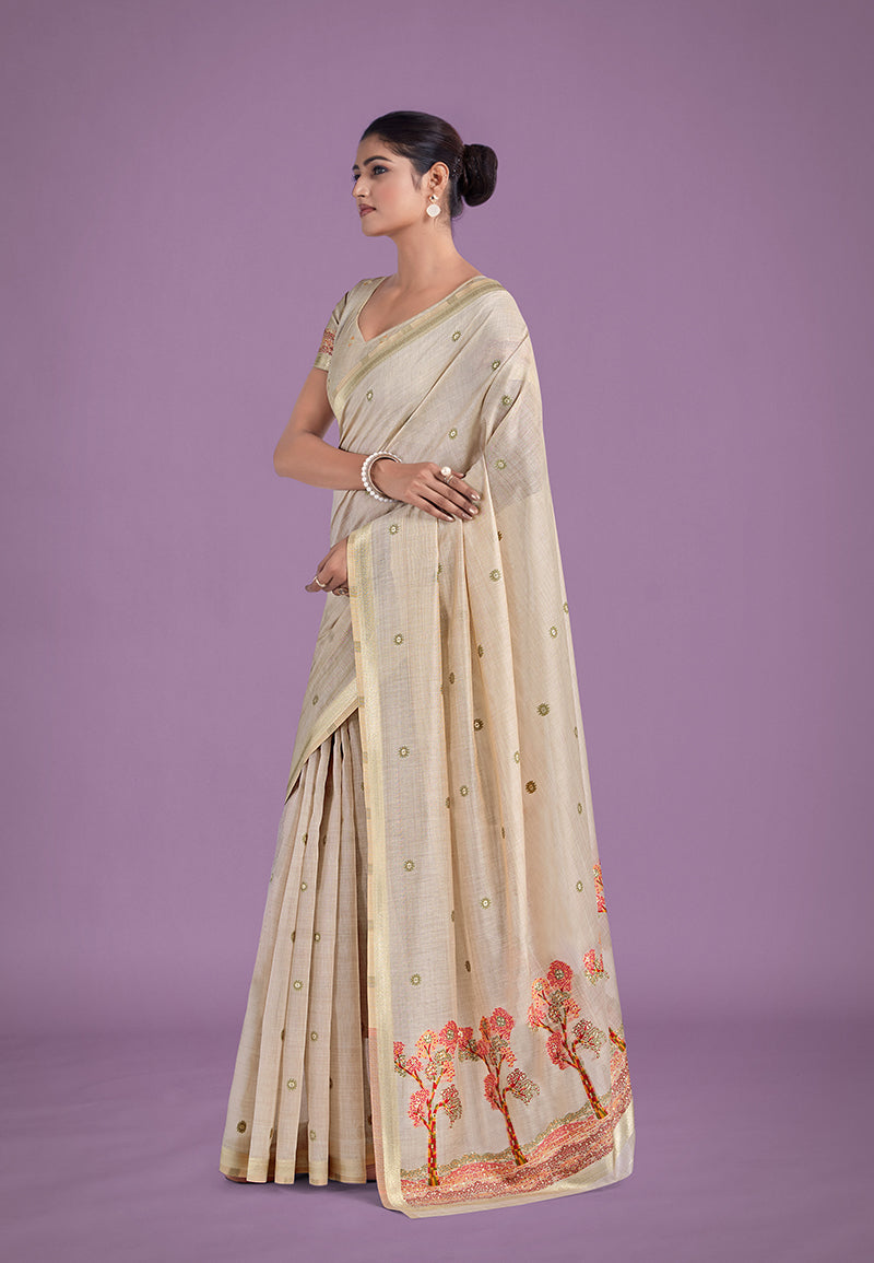 Monjolika Fashion Imaginative Beige & Red Woven Butti Pattern Cotton Silk Saree | Grocsy