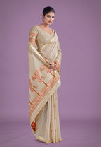 Monjolika Fashion Imaginative Beige & Red Woven Butti Pattern Cotton Silk Saree | Grocsy