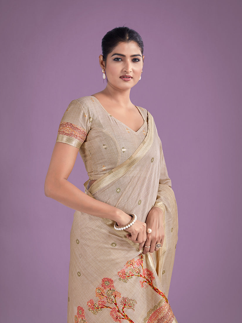 Monjolika Fashion Imaginative Beige & Red Woven Butti Pattern Cotton Silk Saree | Grocsy