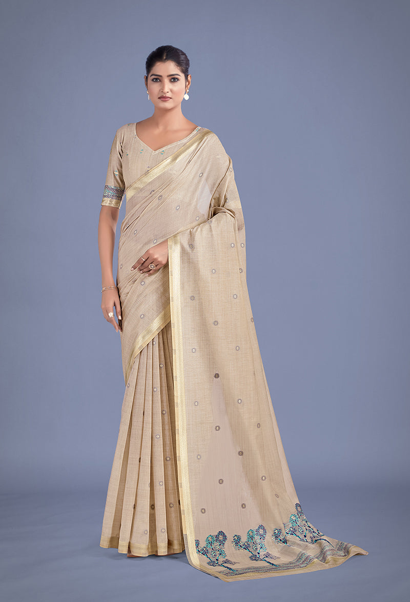 Monjolika Fashion Imaginative Beige & Blue Woven Butti Pattern Cotton Silk Saree | Grocsy