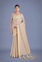 Monjolika Fashion Imaginative Beige & Blue Woven Butti Pattern Cotton Silk Saree | Grocsy