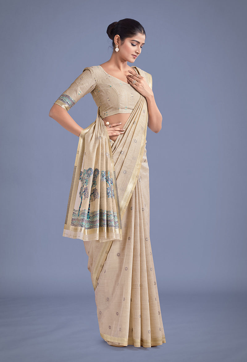 Monjolika Fashion Imaginative Beige & Blue Woven Butti Pattern Cotton Silk Saree | Grocsy