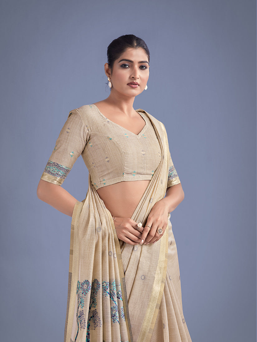 Monjolika Fashion Imaginative Beige & Blue Woven Butti Pattern Cotton Silk Saree | Grocsy