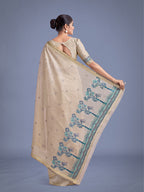 Monjolika Fashion Imaginative Beige & Blue Woven Butti Pattern Cotton Silk Saree | Grocsy