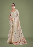 Monjolika Fashion Imaginative Beige & Maroon Woven Butti Pattern Cotton Silk Saree | Grocsy