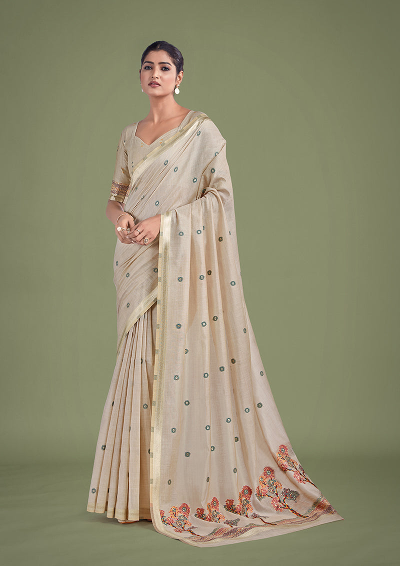 Monjolika Fashion Imaginative Beige & Maroon Woven Butti Pattern Cotton Silk Saree | Grocsy