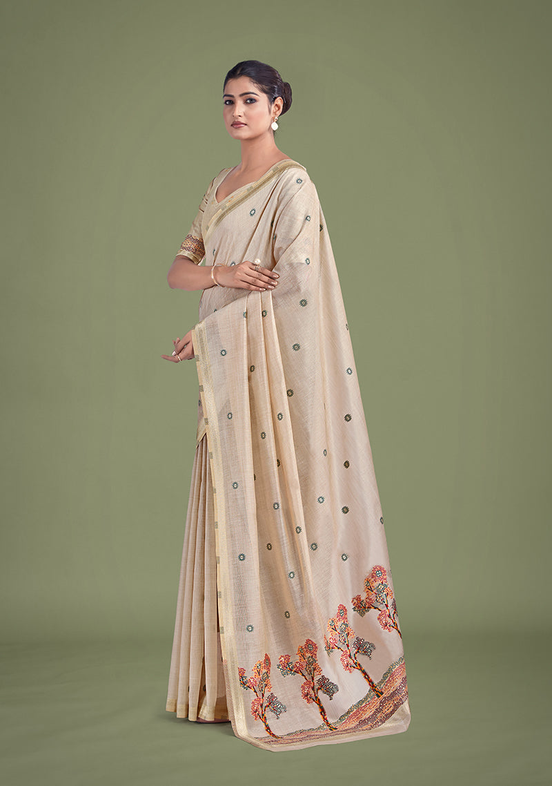Monjolika Fashion Imaginative Beige & Maroon Woven Butti Pattern Cotton Silk Saree | Grocsy
