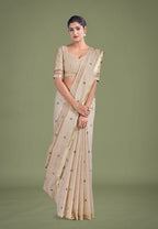Monjolika Fashion Imaginative Beige & Maroon Woven Butti Pattern Cotton Silk Saree | Grocsy
