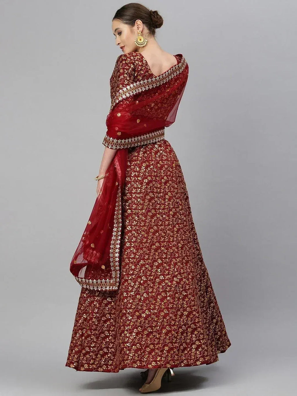 Tulsi Art Maroon & Golden Semi-Stitched Myntra Bridal Lehenga & Unstitched Blouse With Dupatta | Grocsy