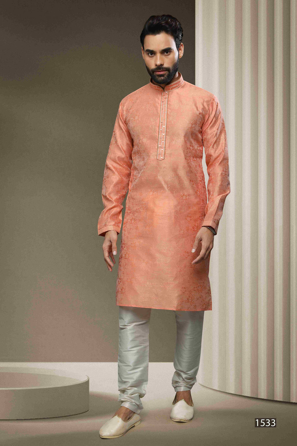 Raivat Ethnic Jacquard Silk Brocade Mirror Work Kurta Pajama In Peach Colour | Grocsy