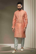 Raivat Ethnic Jacquard Silk Brocade Mirror Work Kurta Pajama In Peach Colour | Grocsy