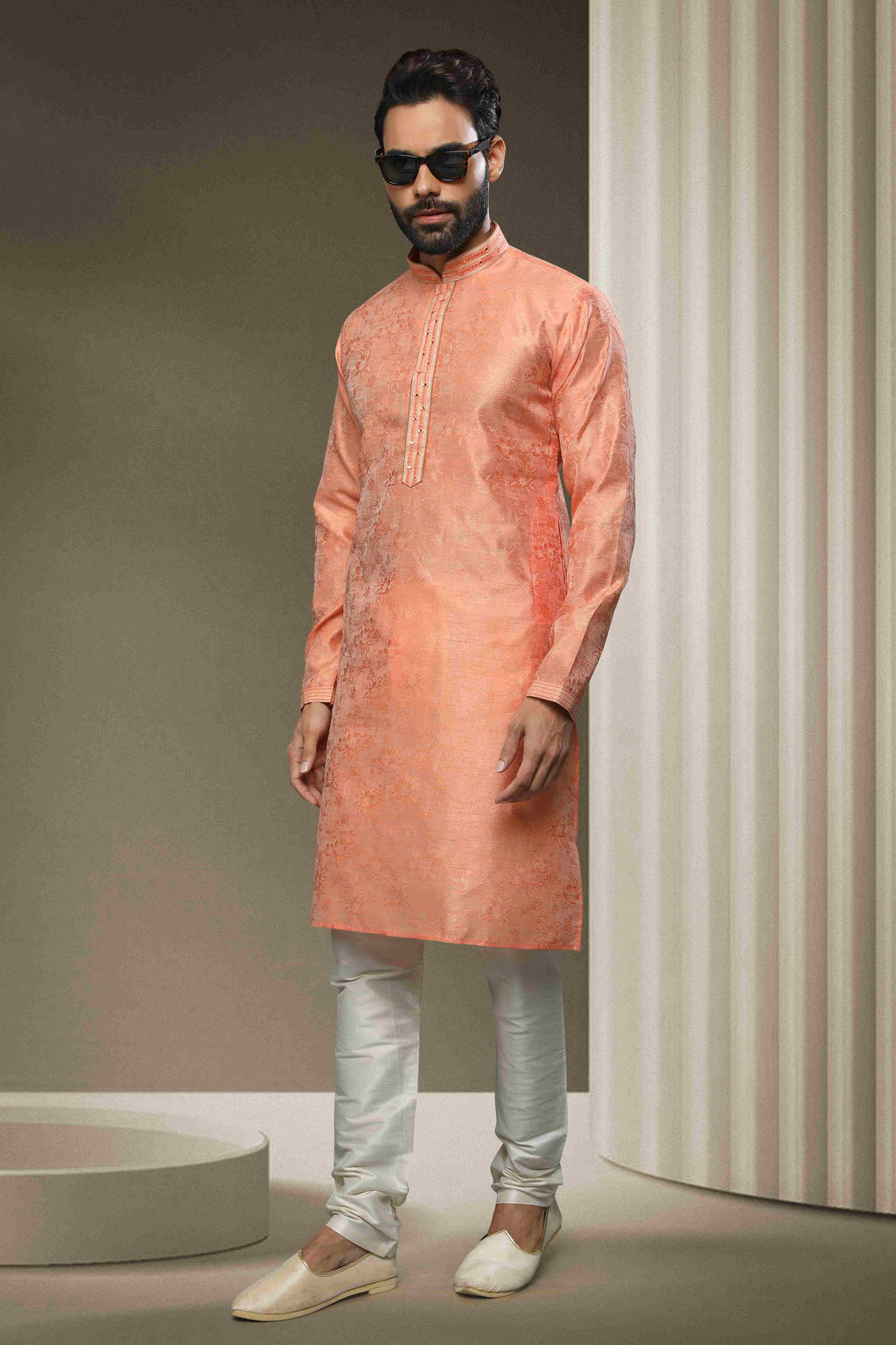 Raivat Ethnic Jacquard Silk Brocade Mirror Work Kurta Pajama In Peach Colour | Grocsy
