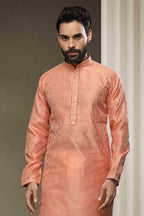 Raivat Ethnic Jacquard Silk Brocade Mirror Work Kurta Pajama In Peach Colour | Grocsy