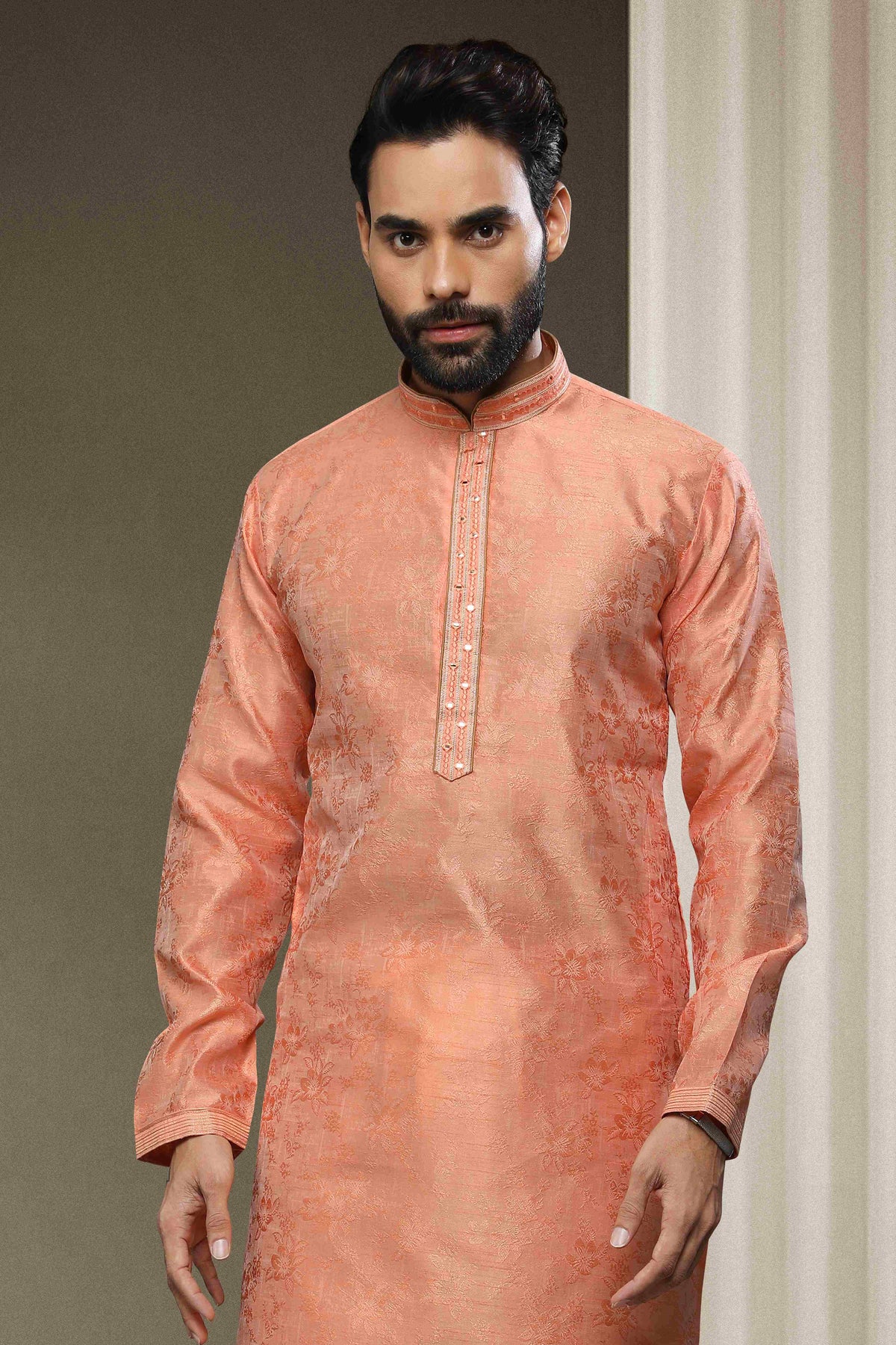 Raivat Ethnic Jacquard Silk Brocade Mirror Work Kurta Pajama In Peach Colour | Grocsy