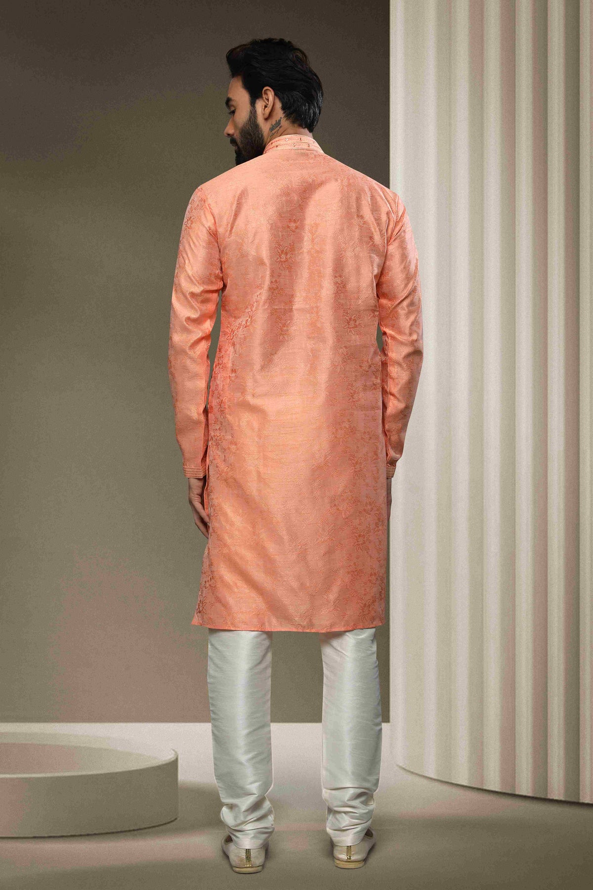 Raivat Ethnic Jacquard Silk Brocade Mirror Work Kurta Pajama In Peach Colour | Grocsy