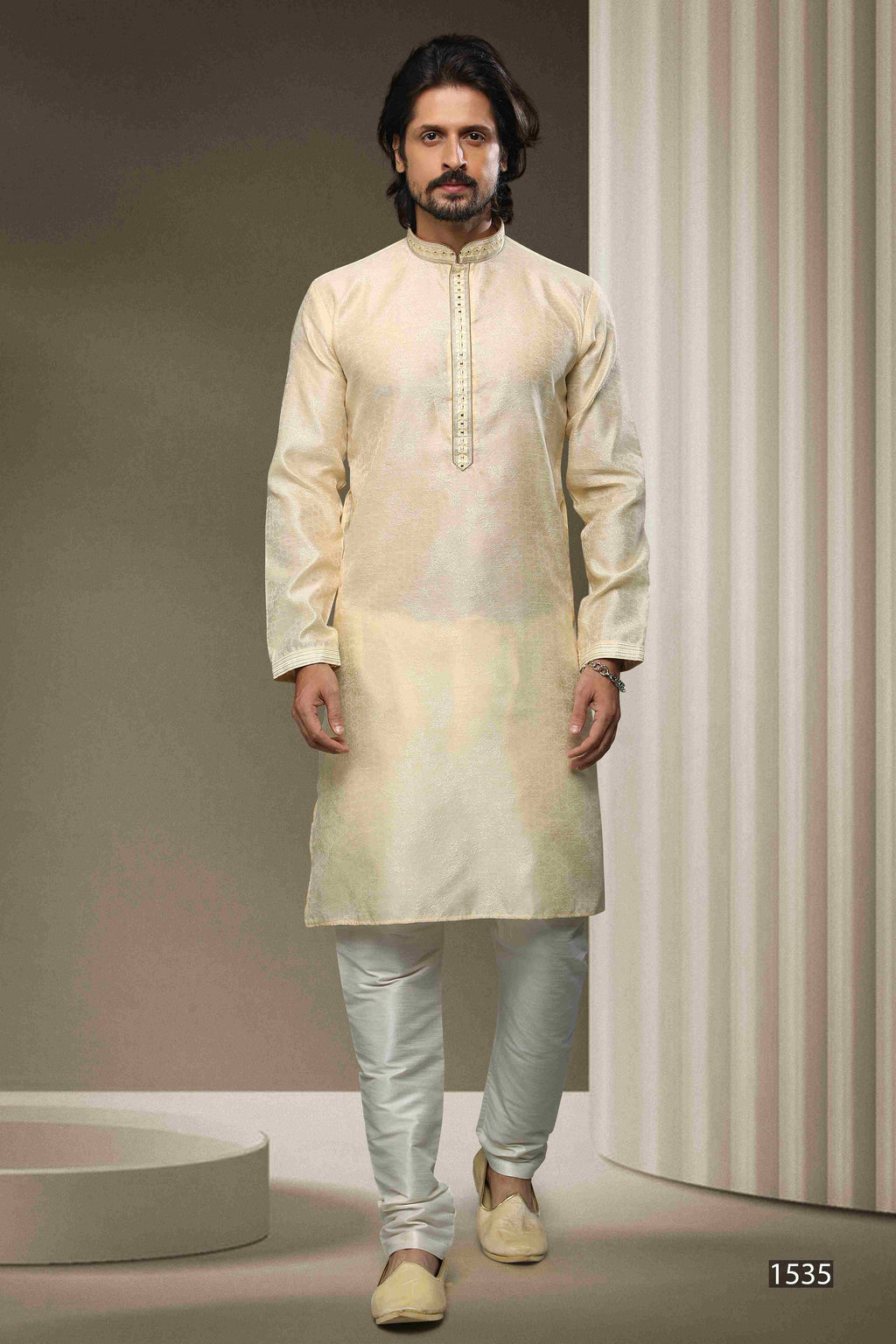 Raivat Ethnic Jacquard Silk Brocade Mirror Work Kurta Pajama In Cream Colour | Grocsy