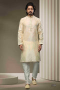 Raivat Ethnic Jacquard Silk Brocade Mirror Work Kurta Pajama In Cream Colour | Grocsy