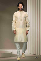 Raivat Ethnic Jacquard Silk Brocade Mirror Work Kurta Pajama In Cream Colour | Grocsy