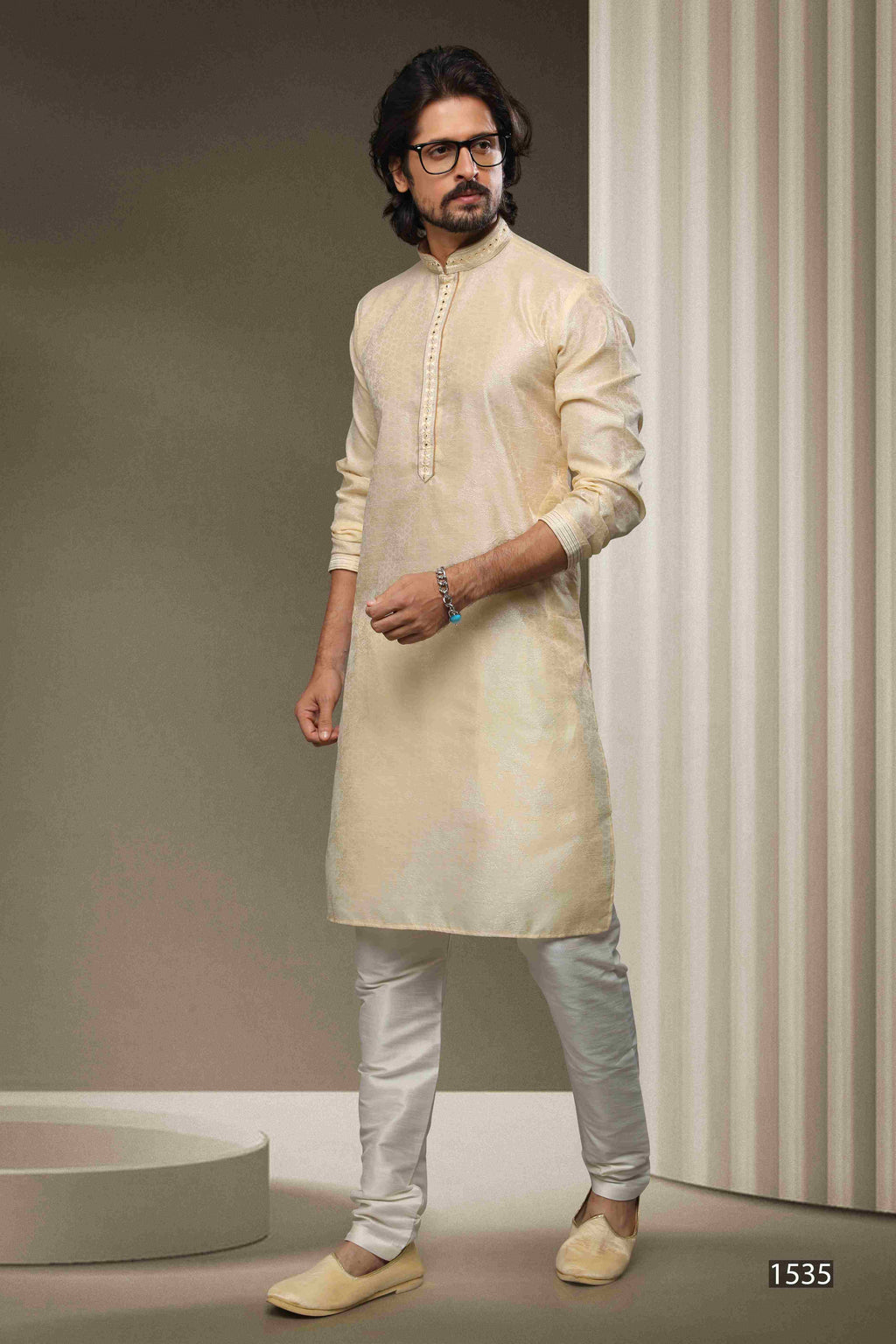 Raivat Ethnic Jacquard Silk Brocade Mirror Work Kurta Pajama In Cream Colour | Grocsy