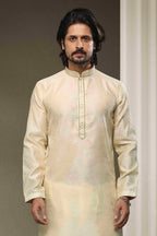 Raivat Ethnic Jacquard Silk Brocade Mirror Work Kurta Pajama In Cream Colour | Grocsy
