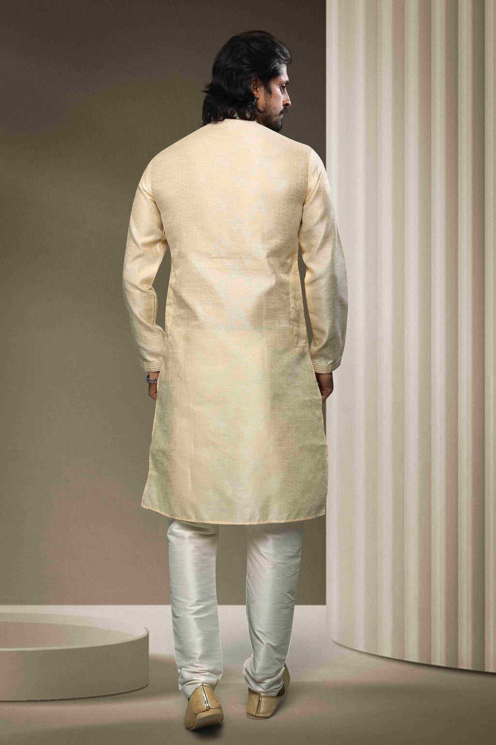 Raivat Ethnic Jacquard Silk Brocade Mirror Work Kurta Pajama In Cream Colour | Grocsy