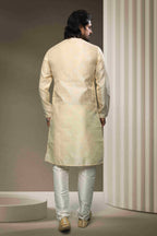 Raivat Ethnic Jacquard Silk Brocade Mirror Work Kurta Pajama In Cream Colour | Grocsy