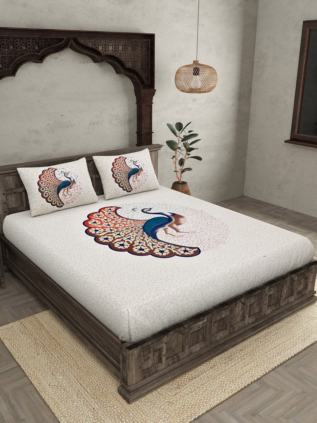 JAIPUR FABRIC Off White & Red Printed 240 TC Cotton King Bedsheet with 2 Pillow Covers | Grocsy