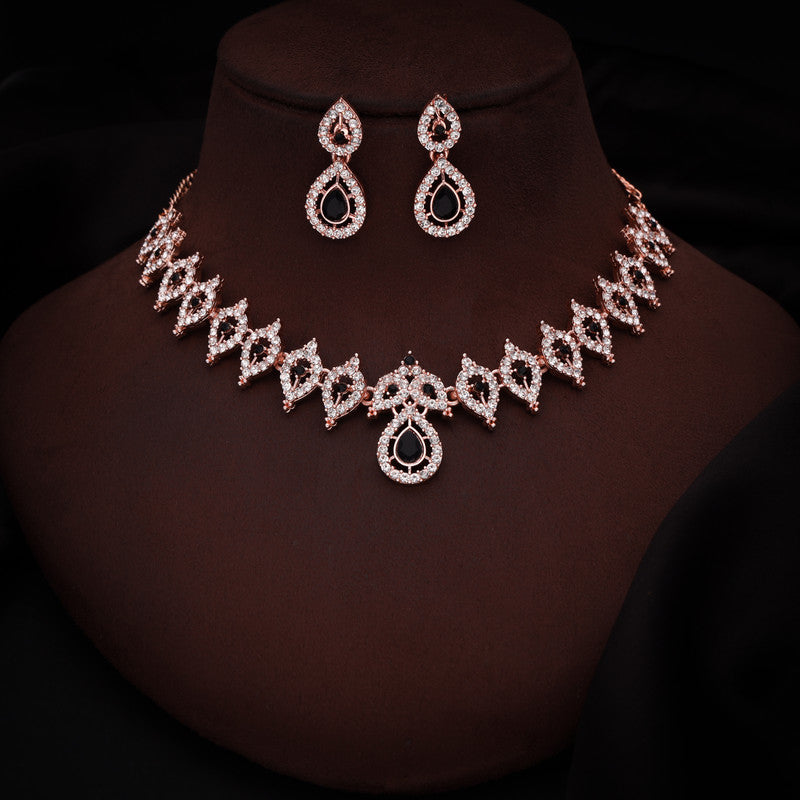 Tehzeeb Creations Shimmering Rose Gold Polished Ad Studded Necklace Jewellery Set With Matching Earrings For Women And Girls | Grocsy
