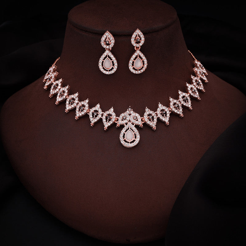 Tehzeeb Creations Shimmering Rose Gold Polished Ad Studded Necklace Jewellery Set With Matching Earrings For Women And Girls | Grocsy