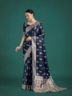 Monjolika Fashion Blue Color Festival Wear Banarasi Satin Silk Designer Zari Weaving Saree | Grocsy