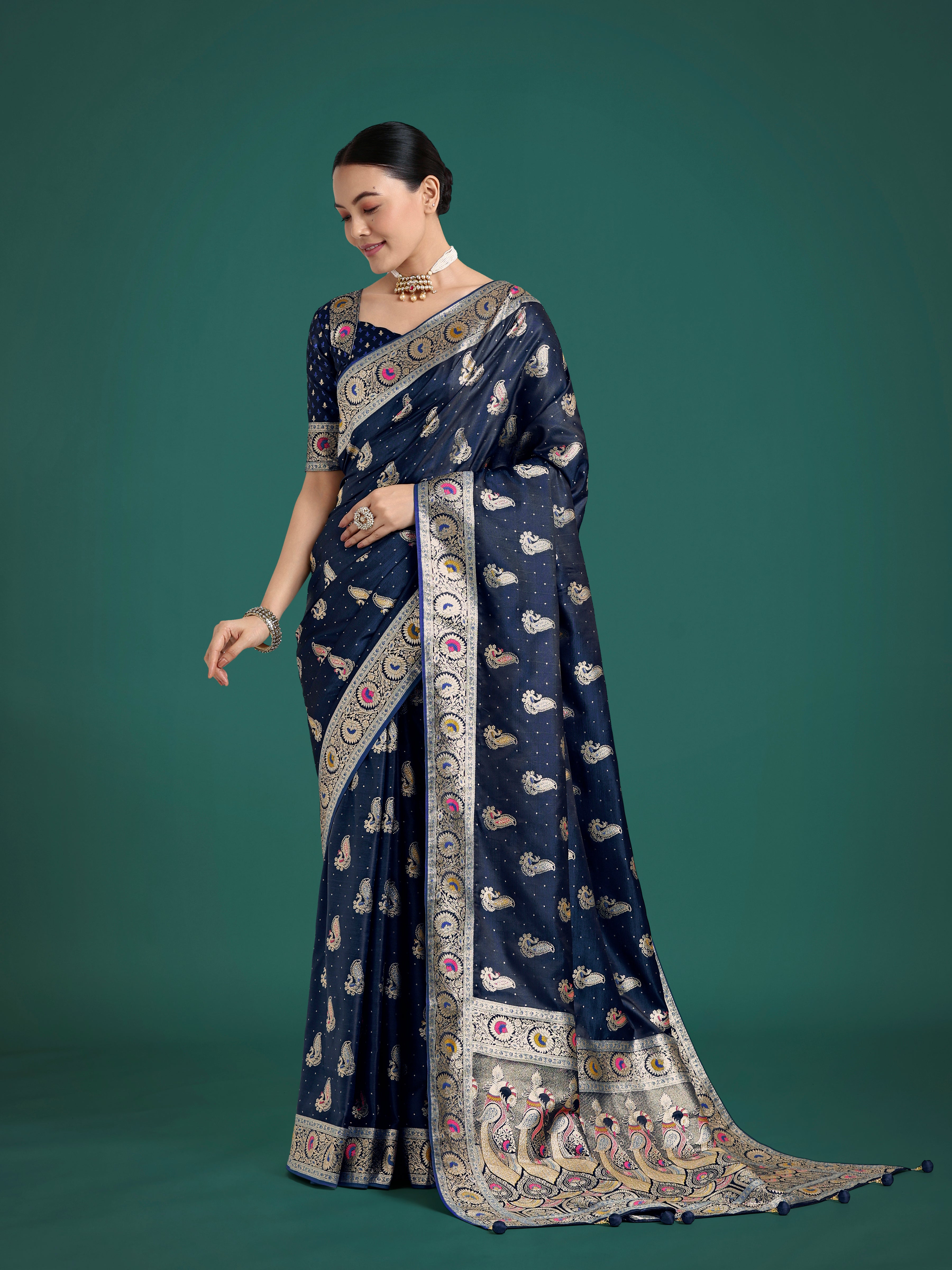 Monjolika Fashion Blue Color Festival Wear Banarasi Satin Silk Designer Zari Weaving Saree | Grocsy