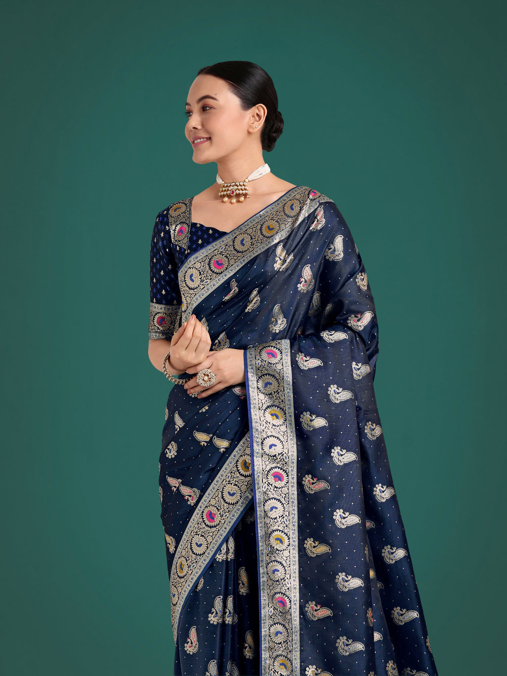 Monjolika Fashion Blue Color Festival Wear Banarasi Satin Silk Designer Zari Weaving Saree | Grocsy