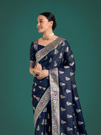 Monjolika Fashion Blue Color Festival Wear Banarasi Satin Silk Designer Zari Weaving Saree | Grocsy