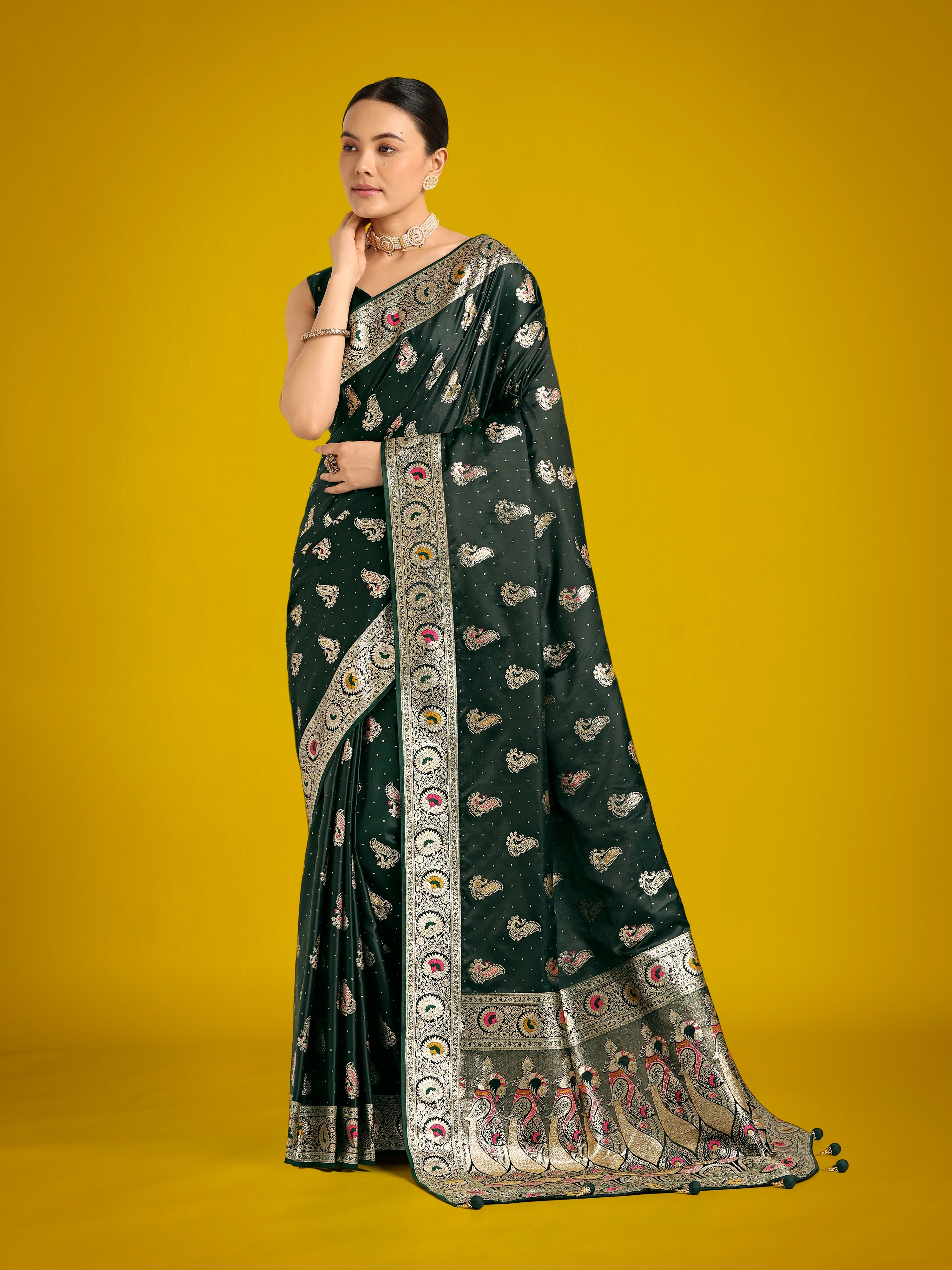 Monjolika Fashion Dark Green Color Festival Wear Banarasi Satin Silk Designer Zari Weaving Saree | Grocsy