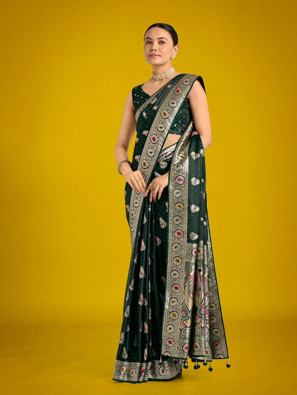 Monjolika Fashion Dark Green Color Festival Wear Banarasi Satin Silk Designer Zari Weaving Saree | Grocsy