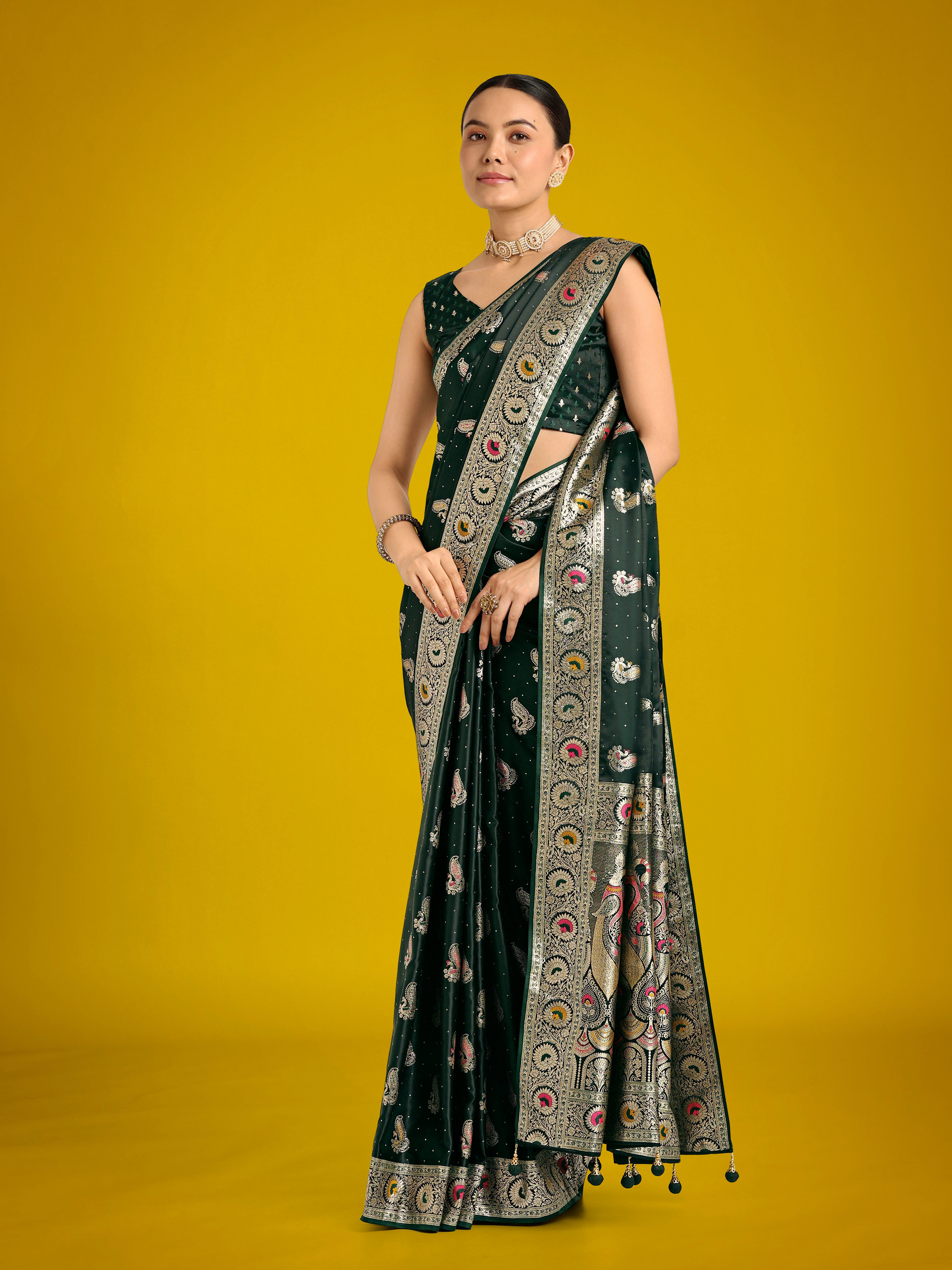 Monjolika Fashion Dark Green Color Festival Wear Banarasi Satin Silk Designer Zari Weaving Saree | Grocsy