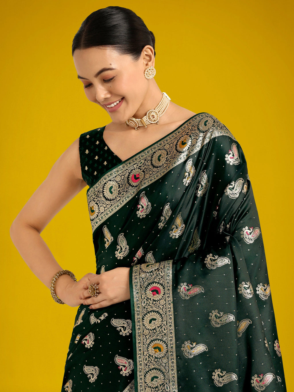 Monjolika Fashion Dark Green Color Festival Wear Banarasi Satin Silk Designer Zari Weaving Saree | Grocsy