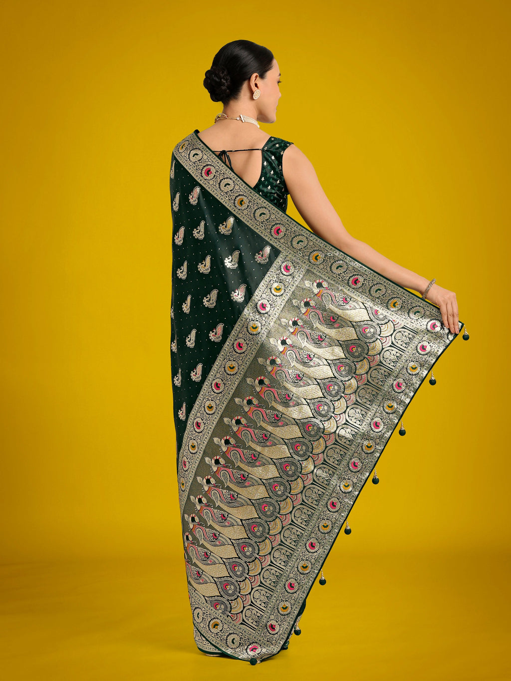 Monjolika Fashion Dark Green Color Festival Wear Banarasi Satin Silk Designer Zari Weaving Saree | Grocsy