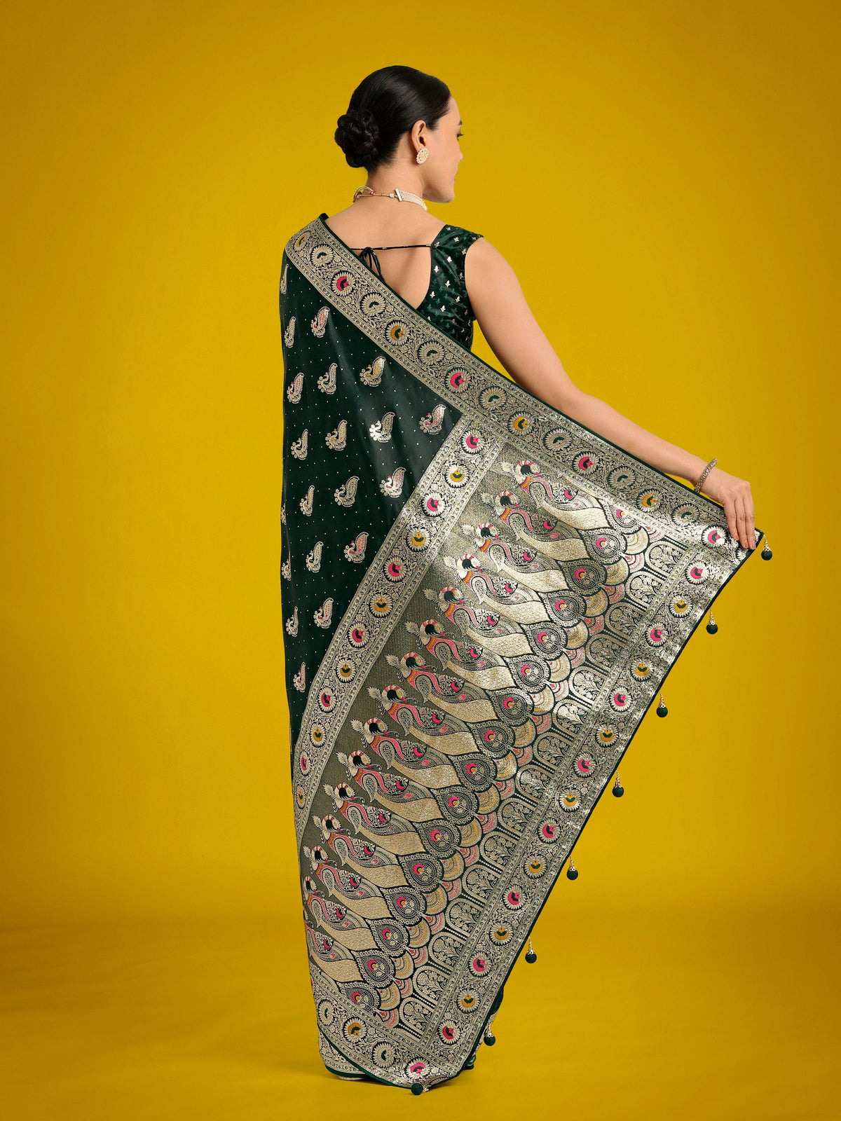 Monjolika Fashion Dark Green Color Festival Wear Banarasi Satin Silk Designer Zari Weaving Saree | Grocsy