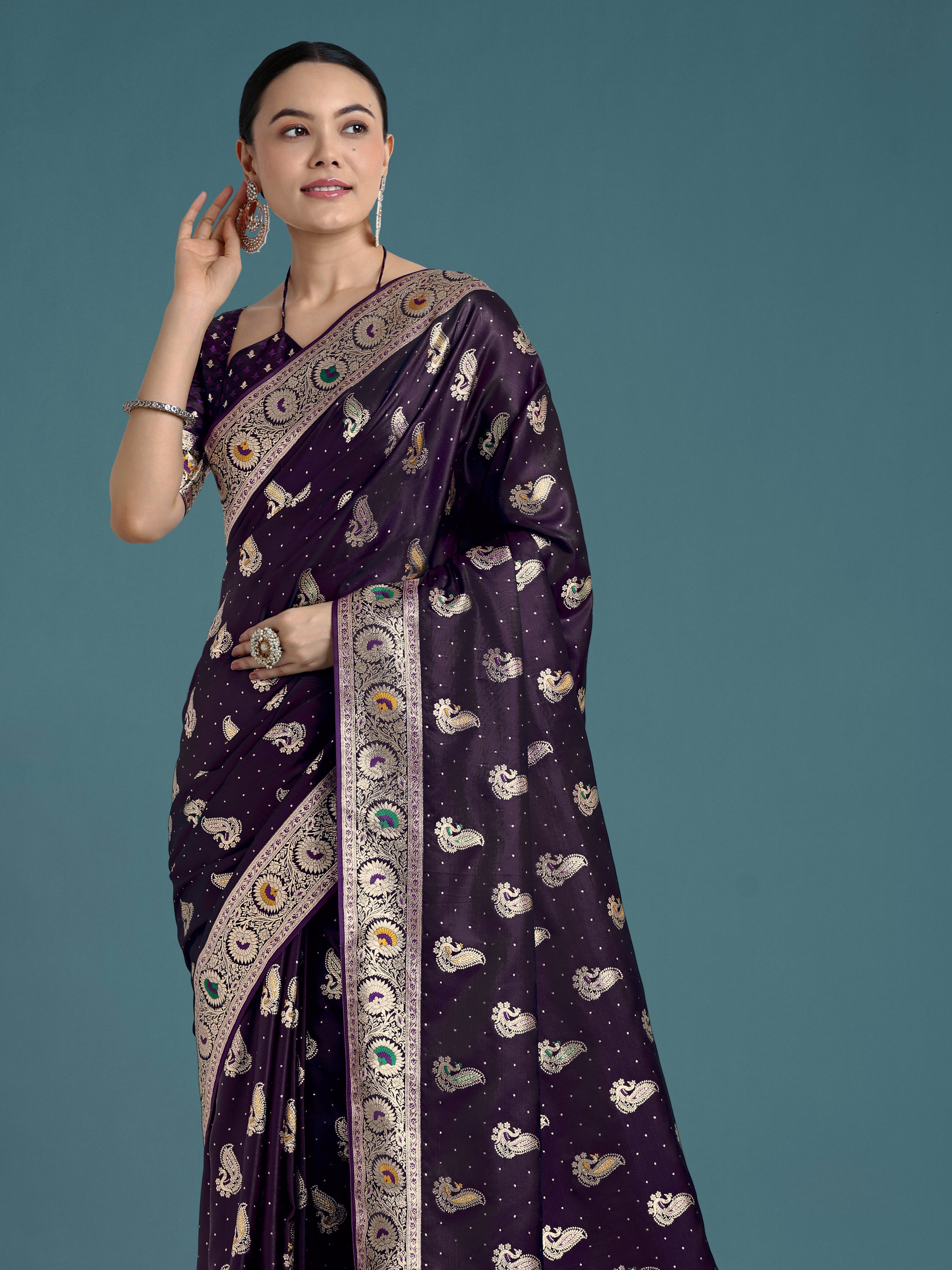 Monjolika Fashion Purple Color Festival Wear Banarasi Satin Silk Designer Zari Weaving Saree | Grocsy