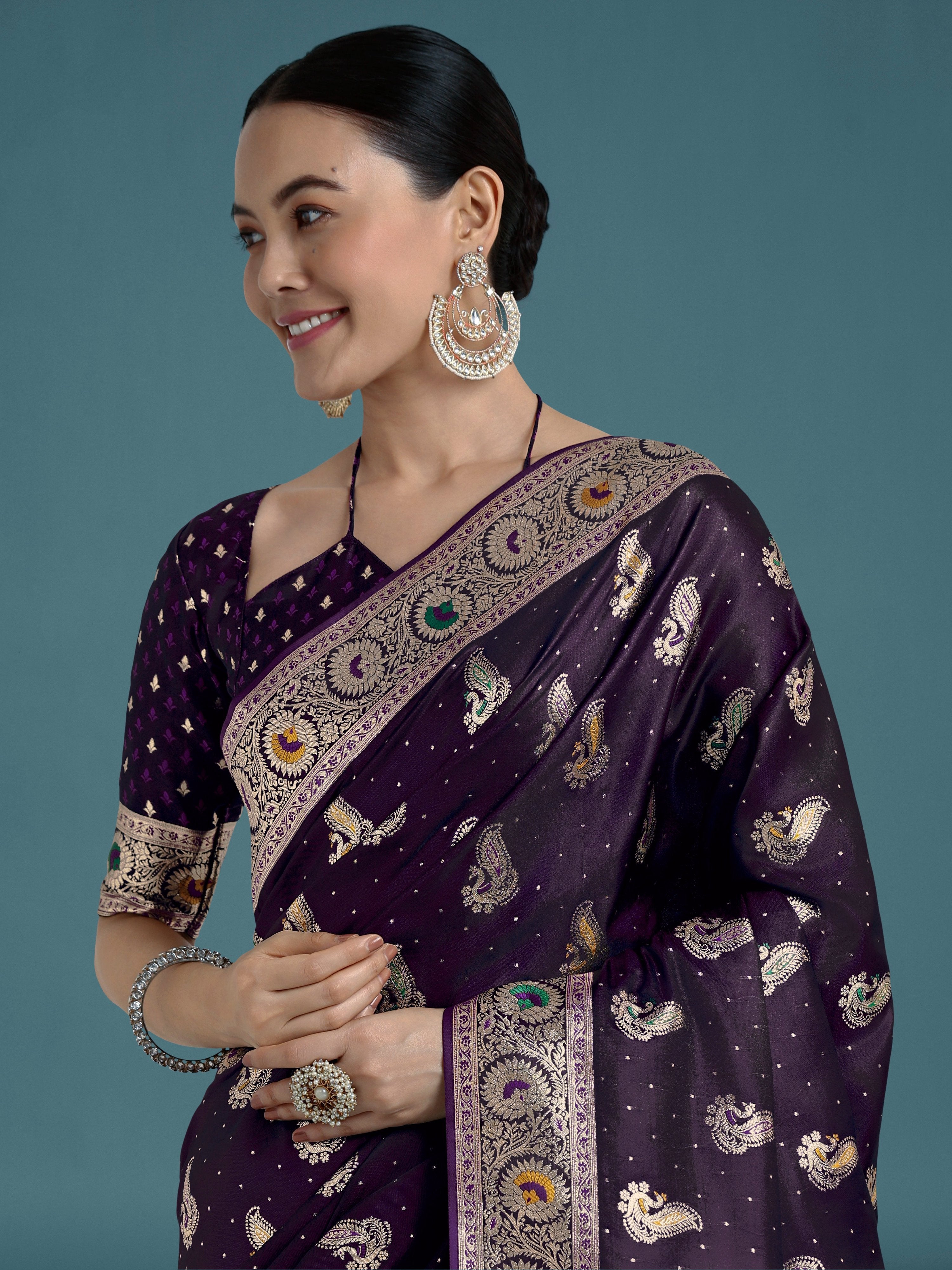 Monjolika Fashion Purple Color Festival Wear Banarasi Satin Silk Designer Zari Weaving Saree | Grocsy