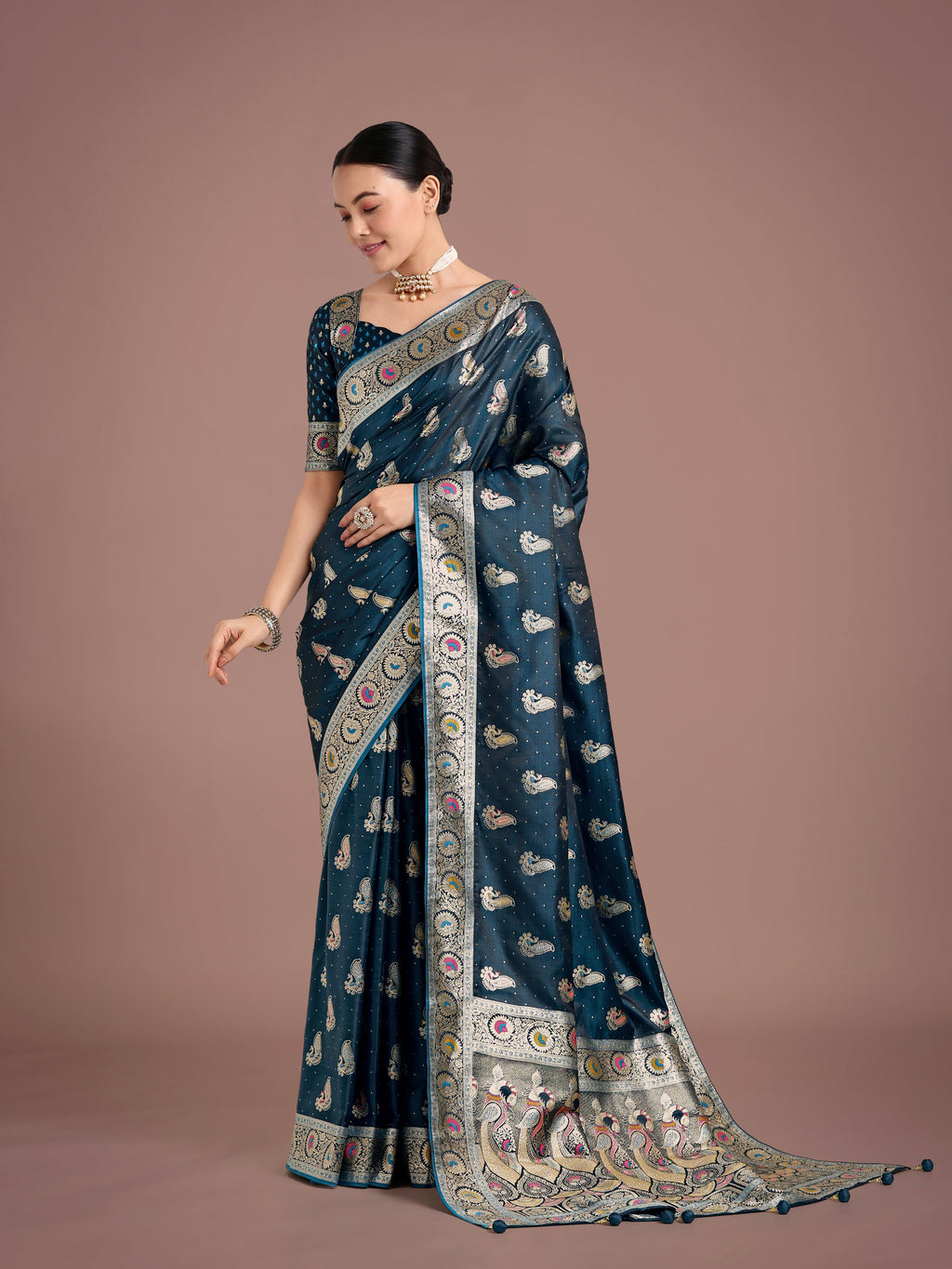 Monjolika Fashion Teal Color Festival Wear Banarasi Satin Silk Designer Zari Weaving Saree | Grocsy