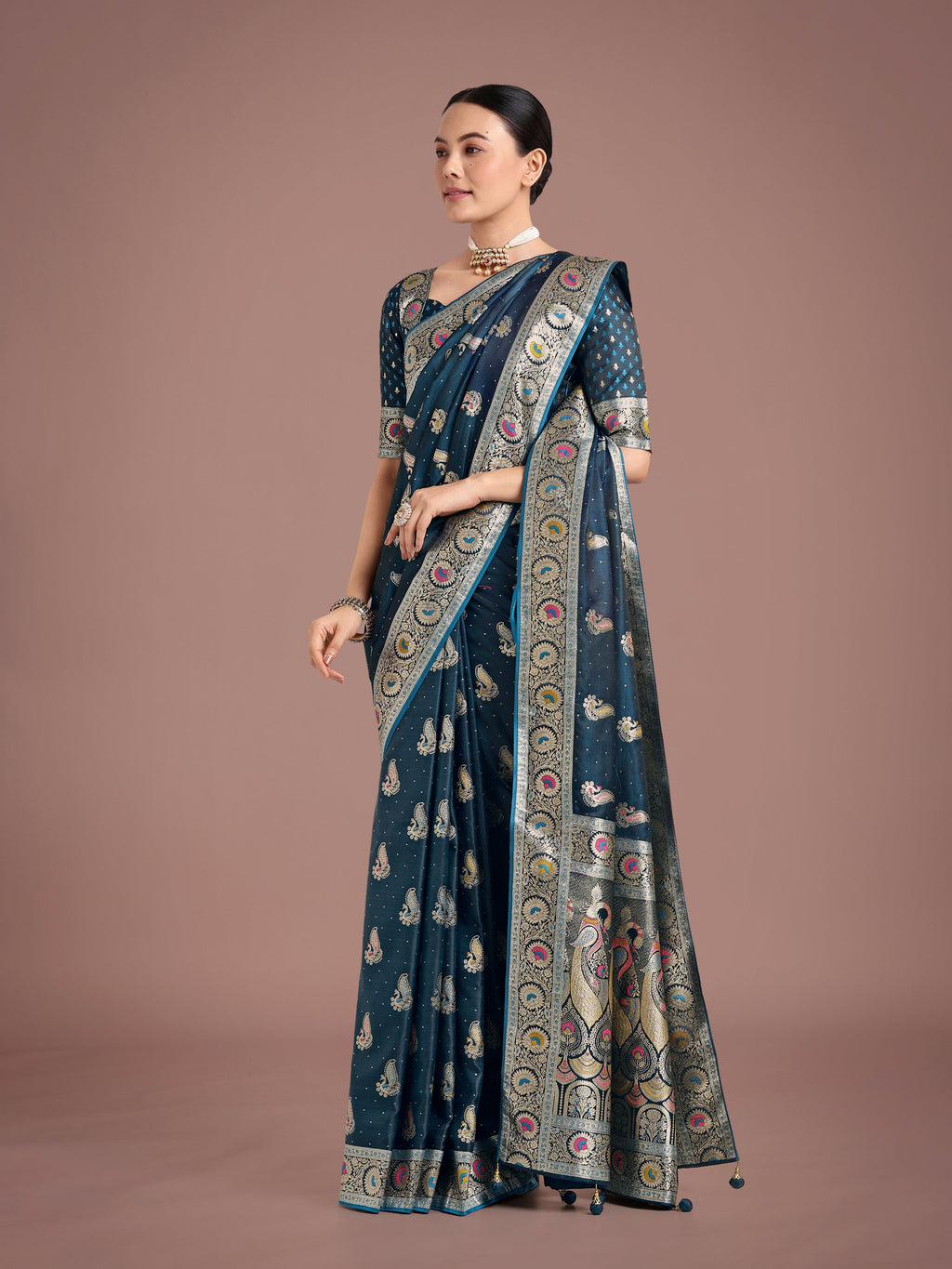 Monjolika Fashion Teal Color Festival Wear Banarasi Satin Silk Designer Zari Weaving Saree | Grocsy